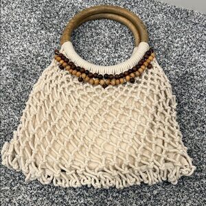 Crosstree Lane Cream Macramé Beaded Bohemian Beachy Tropical Bag Wooden Handle